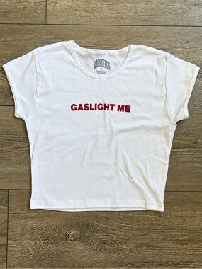 NWOT Dropouts Brand "Gaslight Me" Graphic Short Sleeve Baby Tee White & Red